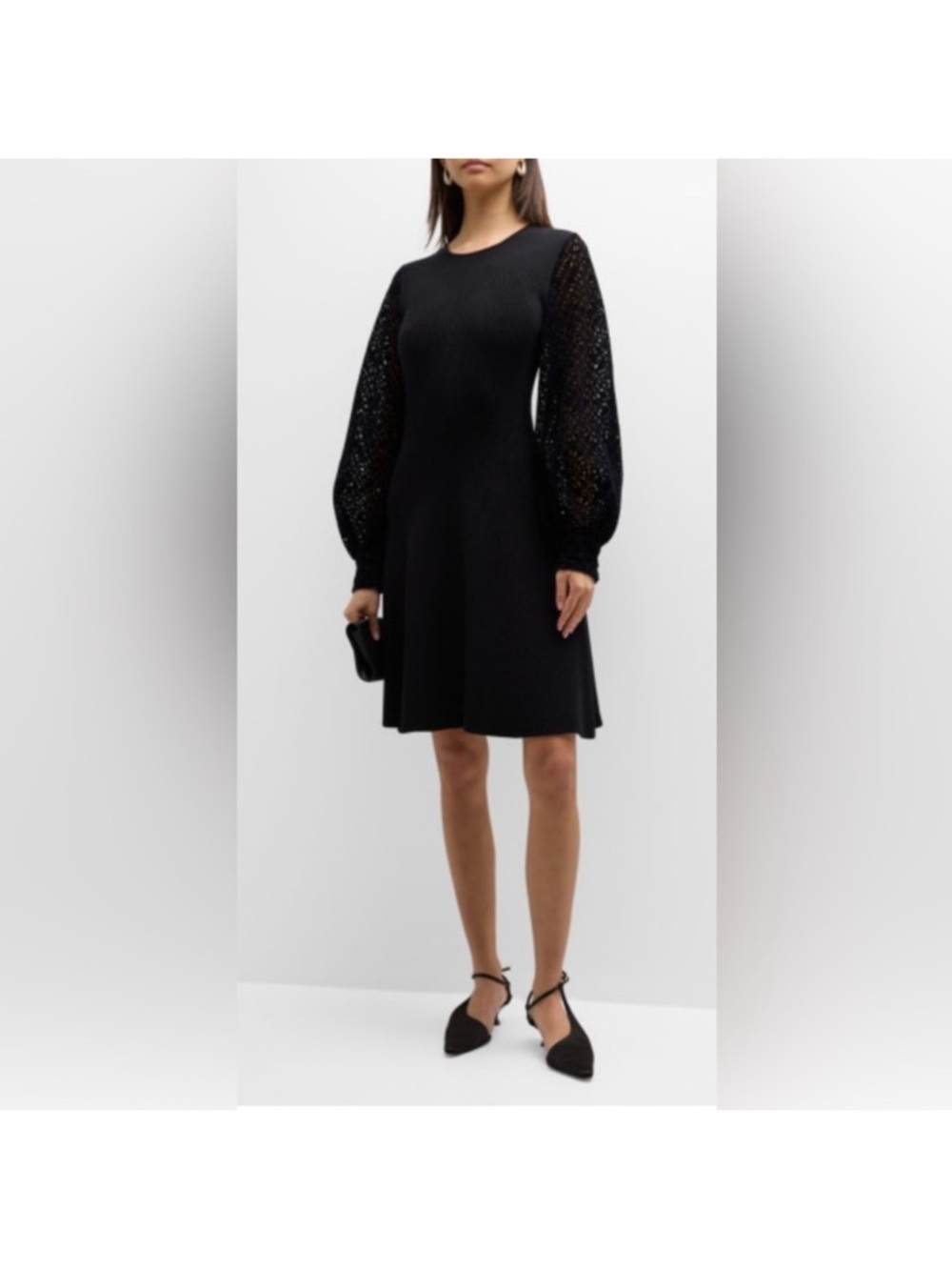 Lela Rose Flocked Lace Blouson Sleeve Fit & Flare Dress Sz Large